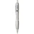 A silver plastic pen with a sleek design and a clip, featuring a logo on the side.