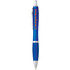 A blue plastic pen with a silver clip and grip, featuring a branding logo on the barrel.