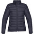 A women's jacket in navy blue, featuring a zip front and a fitted design with a quilted texture. It has a logo.
