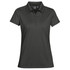 A women's polo shirt in dark grey, featuring a collar and a logo on the upper side.