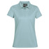 A women's polo shirt in a light blue colour with a collar and a logo on the tag.