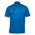 A blue men's polo shirt featuring a collar, three buttons, and a logo on the chest.