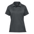 A women's polo shirt in dark grey, featuring a stylish design and a logo on the chest.