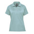 A women's polo shirt in a light teal colour with a three-button placket and a logo.