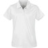 A white women's polo shirt with a collar and short sleeves, featuring a logo.