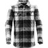 A black and white plaid shacket with a quilted pattern, featuring a button front and two chest pockets.