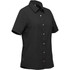 A black button-up shirt with short sleeves and a collar, featuring a logo on the side.