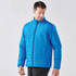 A blue quilted jacket for men with a zip closure and a logo on the chest.