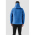 A blue quilted hoody with a hood, featuring horizontal stitching, viewed from the back. It has a logo on it.