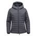 A women's quilted hoody in dark grey with a zippered front and a hood. It features a sleek, padded design.