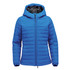A blue women's hooded quilted jumper with a zip closure and a lined interior. It features an integrated hood.