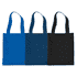 Three non-woven tote bags in blue, navy, and black, featuring sturdy handles and a simple design.