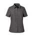 A short-sleeved women's button-up shirt in dark grey with a dotted pattern and a logo.