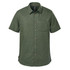 A short-sleeved button-up shirt in a muted green colour with a chest pocket and a logo.
