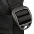 A close-up of a black backpack strap featuring a plastic buckle detail.