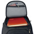 A black backpack with an open compartment containing a red notebook and a leather folder. It features an RFID pocket.