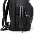 A black backpack with a drink bottle secured in a side pocket, featuring zippers and adjustable straps.