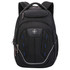 A black backpack with multiple compartments, zippers, and a logo on the front. Features blue accents for design.