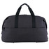 A grey duffle bag with black handles and a zip closure, featuring a logo on the side.