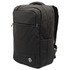 A black laptop backpack with a front pocket and side compartments, featuring a logo on the front.