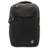 A black backpack with multiple compartments and a logo on the front. It has padded shoulder straps.