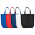 A collection of five reusable grocery bags in blue, red, navy, white, and black, each featuring a logo.