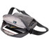 A grey shoulder bag with an open compartment containing a tablet, cards, and an RFID pocket.