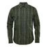 A green plaid long sleeve shirt with a button-up front and a single chest pocket. It features a logo on the fabric.