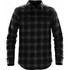 Black and grey checkered button-up shirt with a snap front and two chest pockets. Features a logo.