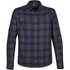 A men's button-up shirt in a black and grey checkered pattern, featuring a snap front and chest pockets.