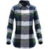 A women's button-up shirt in a blue, green, and grey plaid pattern with a snap front and two chest pockets.