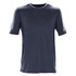 A short-sleeved men's t-shirt in dark navy blue with a logo on the side.