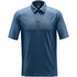 A heathered blue polo shirt with a three-button placket and a logo on the chest.