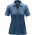 A women's polo shirt in a heathered blue colour, featuring a collar and short sleeves. It has a logo on the chest.