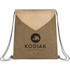 A drawstring bag in brown and beige, featuring a logo on the front.