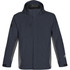 A dark grey men's jacket with a hood, featuring contrasting lighter grey panels and a logo on the sleeve.