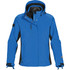 A blue and black jacket showcasing a hood and multiple zippered pockets. Features a logo on the sleeve.