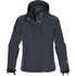 A women's 3-in-1 jacket in dark grey with a hood, features a logo on the sleeve and multiple zip pockets.