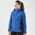 A blue and black women's jacket with a hood, featuring a logo on the sleeve.