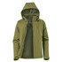 A lightweight rain jacket in olive green with a hood, featuring a zippered front and a logo.