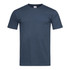 A navy blue fitted T-shirt with short sleeves and a logo on the neckline.