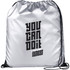 A reflective silver drawstring bag featuring a black logo and text design. Ideal for carrying small items.