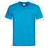 A blue men’s classic V-neck T-shirt with short sleeves and a label inside. It features a logo on the tag.