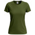A women's classic T-shirt in olive green, featuring a round neckline and short sleeves. It has a logo on the label.