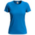 A blue women's classic T-shirt with a round neckline and short sleeves, featuring a logo.