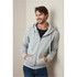 A grey men's active sweatjacket with a hood, featuring a zip and pockets, worn by a smiling man.