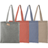A selection of four tote bags in grey, red, blue, and beige, each with long handles and a label.