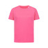 A bright pink T-shirt with short sleeves and a round neckline. The shirt features a logo.