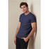 A navy blue crew neck t-shirt for men, featuring a fitted style with short sleeves, paired with black pants.