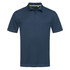 A dark navy men's polo shirt featuring a collar, three-button placket, and a contrasting inner collar.